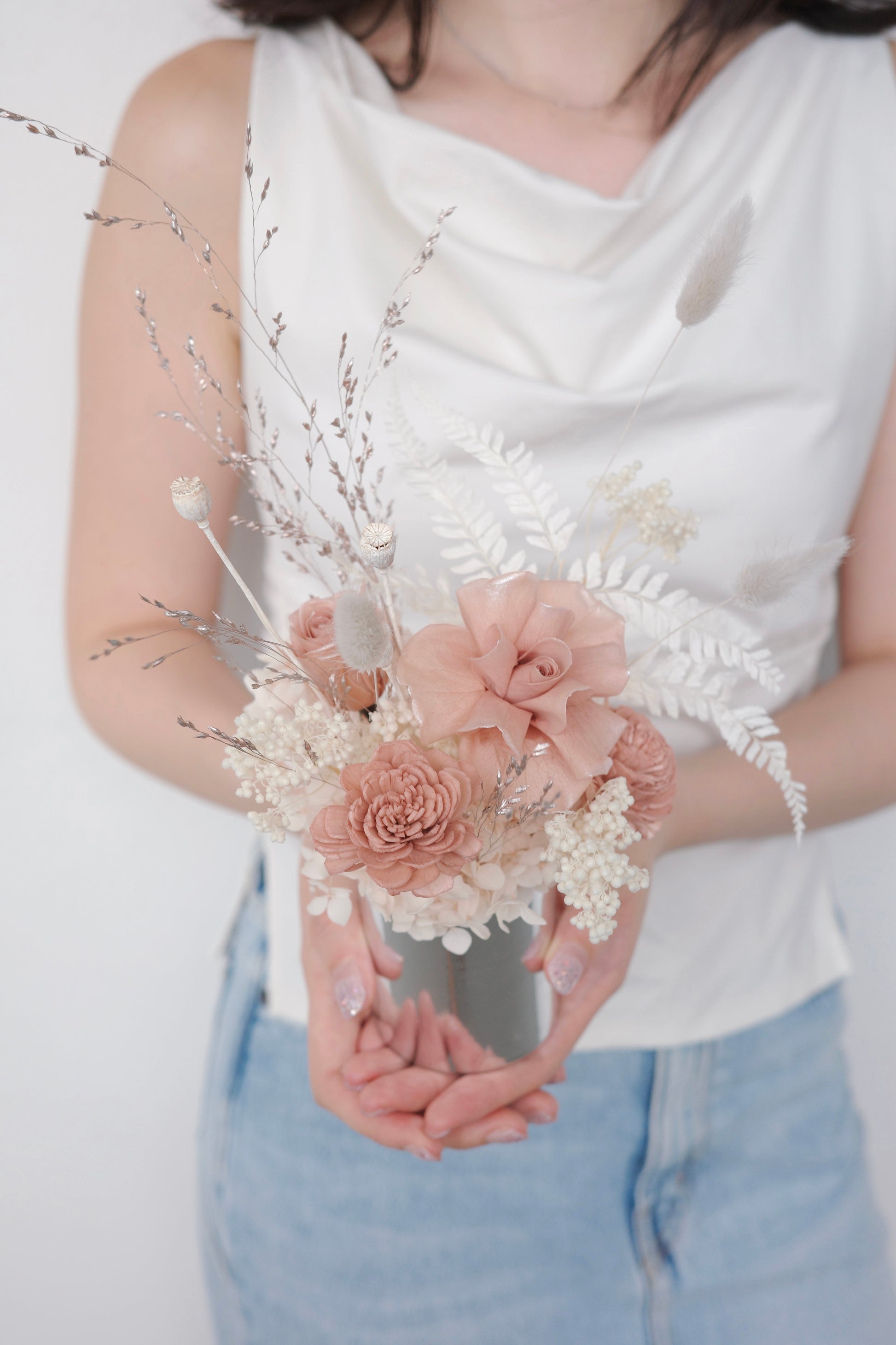 Romantic preserved flower gift box in soft pink and cream tones