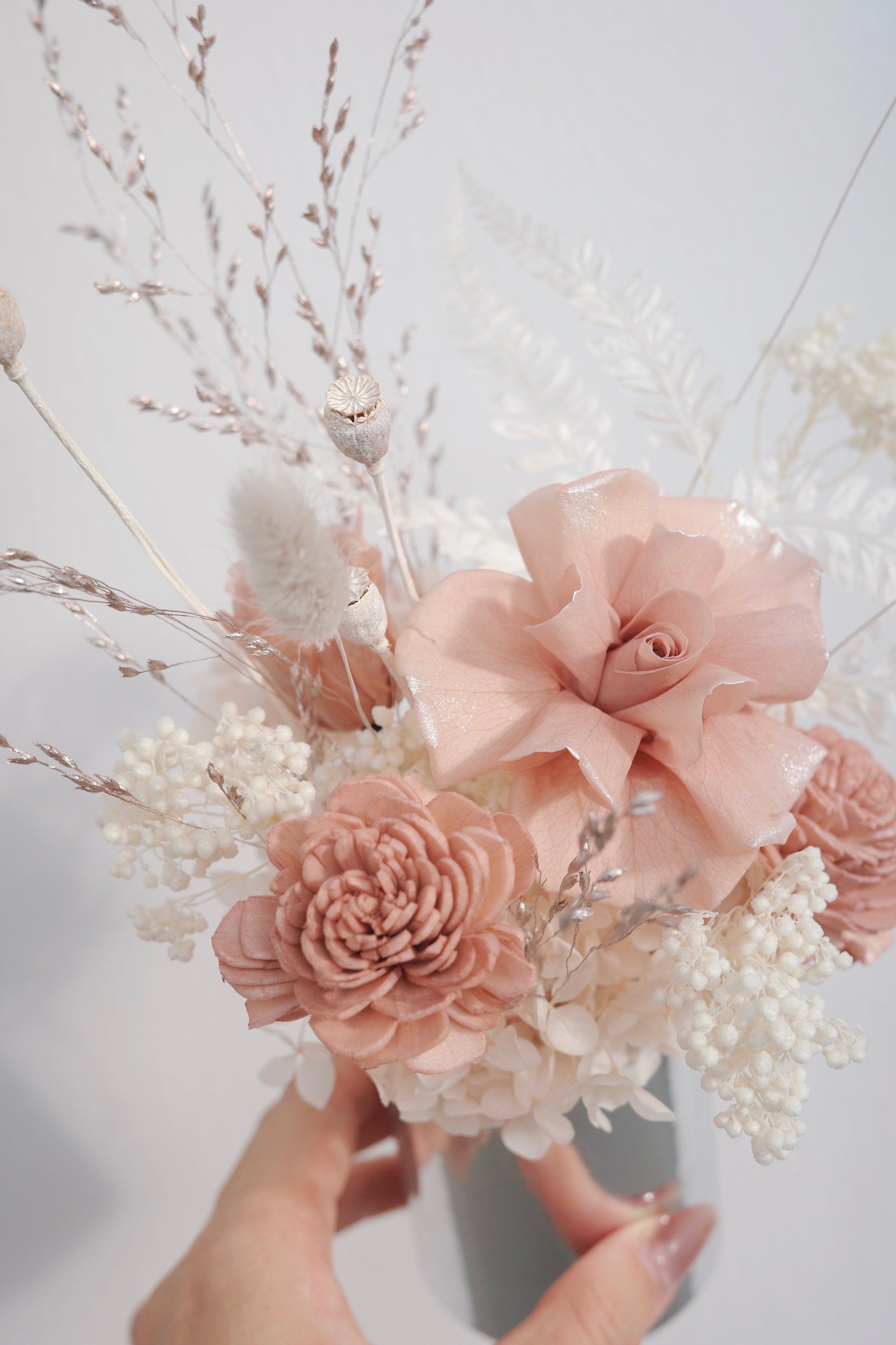 Romantic preserved flower gift box in soft pink and cream tones