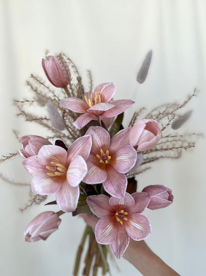 Brownie tulip bouquet with soft blush flowers and seasonal textures by Studio Inflorescence Singapore