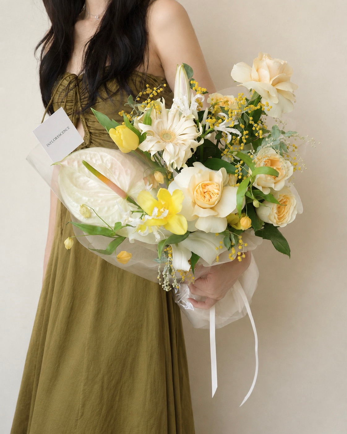 Premium yellow and white bouquet with tulips, roses, mimosa, and seasonal flowers by Studio Inflorescence Singapore